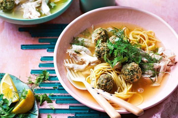 Chicken noodle soup with matzo balls