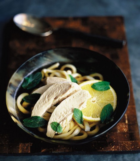 Chicken noodle soup with mint and lemon