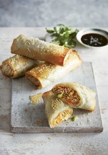 Chicken noodle spring rolls with soy dipping sauce