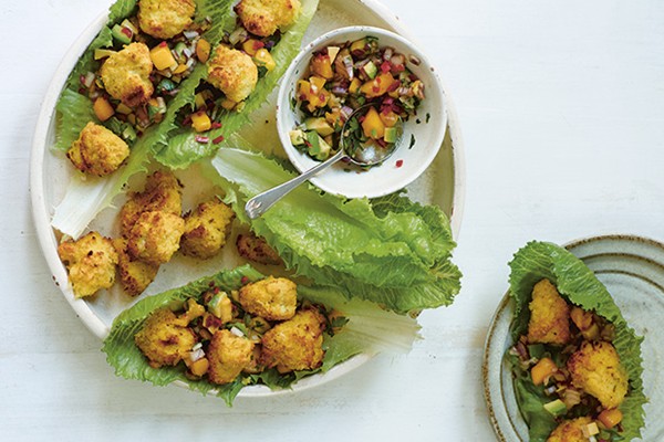 Chicken nuggets with mango and avocado salsa
