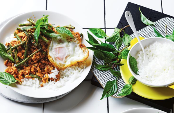 Chicken pad kra pao (chilli basil stir-fry), crispy fried egg