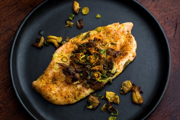 Chicken paillard with curried oyster mushrooms