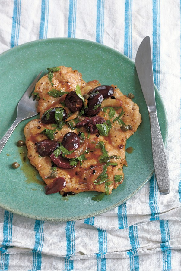 Chicken paillard with Kalamata olives, capers and lemon