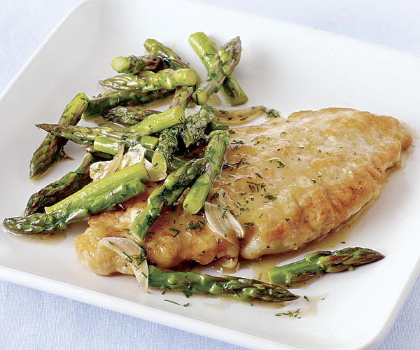 Chicken paillards with asparagus, lemon, garlic, and dill