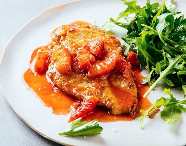Chicken paillards with blood orange pan sauce