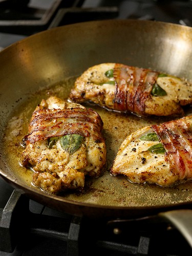 Chicken paillards with pancetta and sage