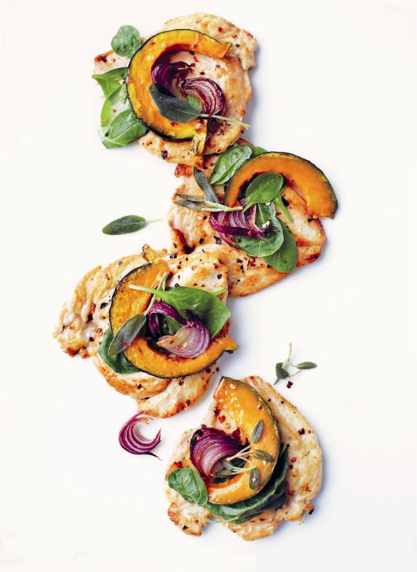 Chicken paillards with squash and spinach