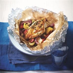 Chicken parcels with capers, peppers and new potatoes