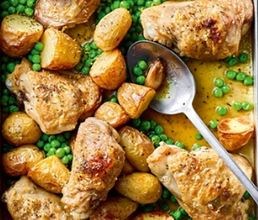 Chicken, pea & potato traybake