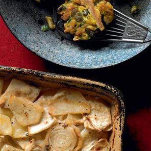 Chicken, pepita and pumpkin fritters with celeriac gratin