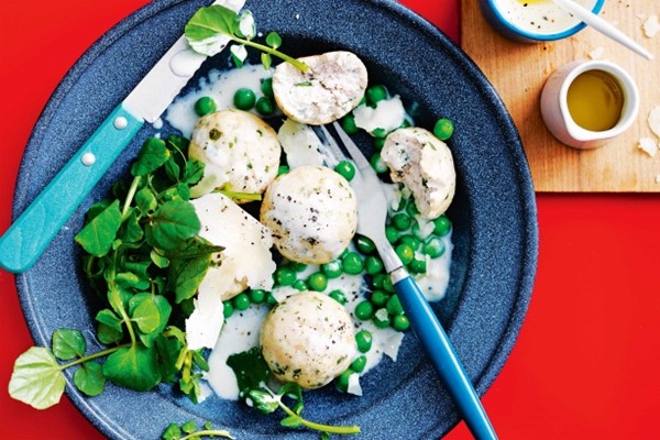 Chicken polpettini with Parmesan and peas