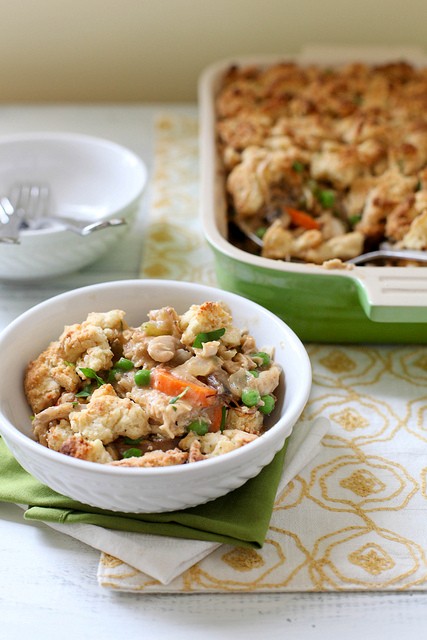 Chicken pot pie with biscuit crumble topping