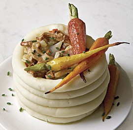 Chicken pot pie with fennel and mushrooms in a potato bowl