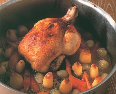 Chicken pot-roast with carrots and potatoes