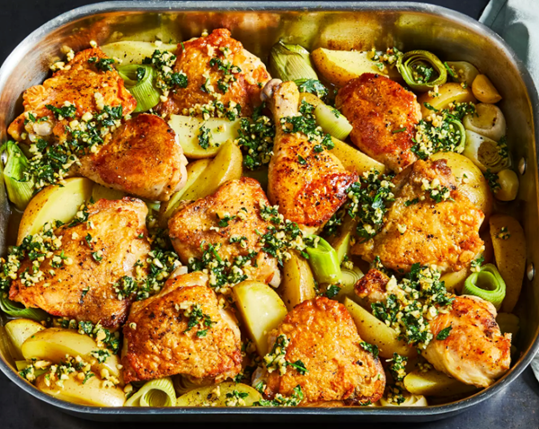 Chicken, potatoes, and leeks with pine nut gremolata