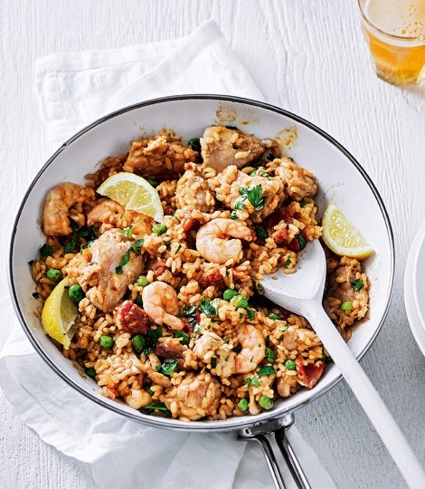 Chicken, prawn and chorizo paella