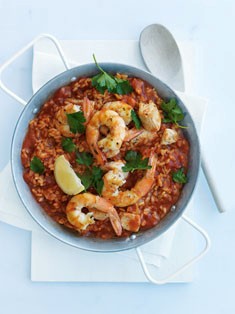 Chicken, prawn and tomato paella
