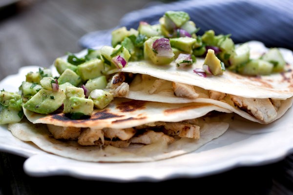 Chicken quesadillas with avocado-cucumber salsa