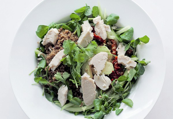 Chicken, quinoa, sun-dried tomatoes and avocado