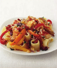 Chicken rigatoni with bell peppers, kalatama olives, and sun-dried tomatoes