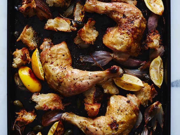 Chicken roasted on bread with caperberries and charred lemons [Justin Chapple]