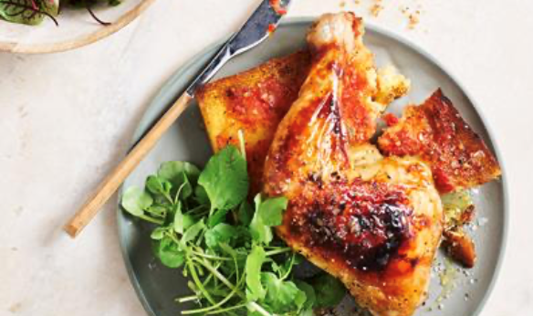 Chicken roasted on Catalan tomato bread