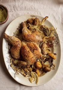 Chicken roasted over lemon, fennel & potato