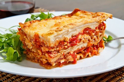 Chicken, roasted red pepper and goat cheese lasagna
