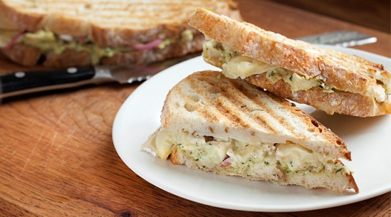 Chicken salad panini with pickled onions and chive mayonnaise