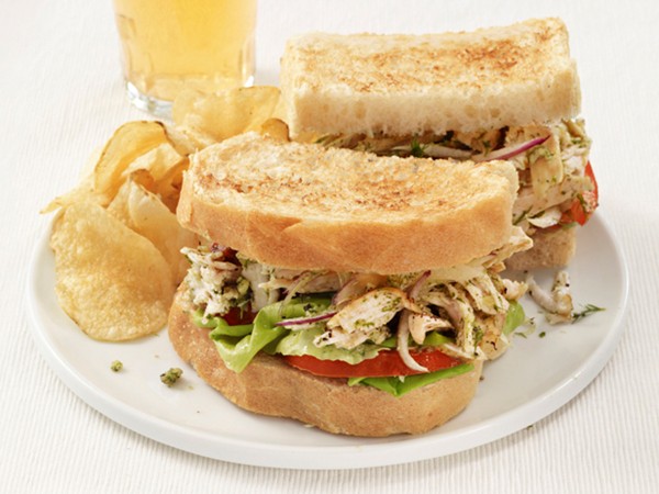 Chicken salad sandwiches with walnut-dill pesto
