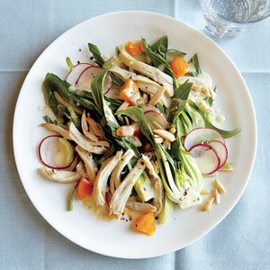 Chicken salad with bok choy, almonds, and apricots