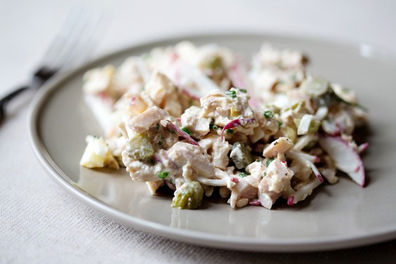 Chicken salad with cornichons and radishes
