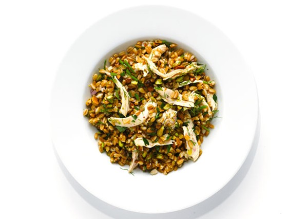 Chicken salad with grains and pistachios