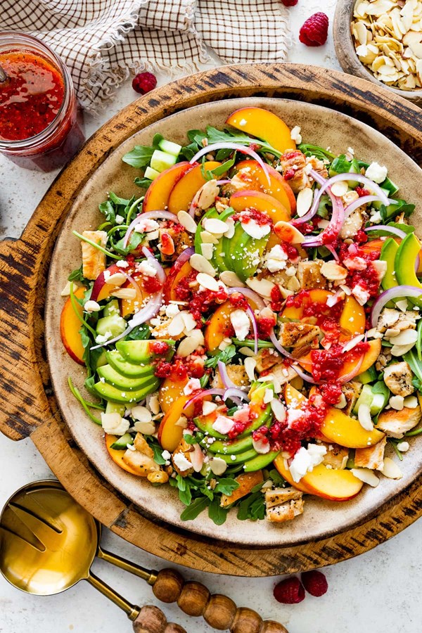 Chicken salad with peaches, avocado & fresh raspberry dressing