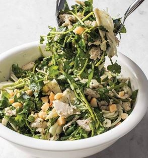 Chicken salad with pickled fennel, watercress, and macadamia nuts