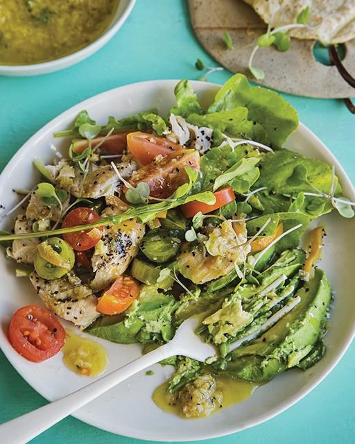Chicken salad with preserved lemons, avocado, & roasted garlic dressing