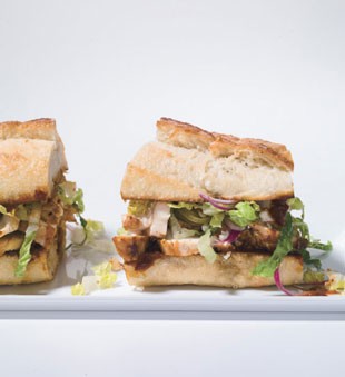 Chicken sandwiches with chiles, cheese, and romaine slaw