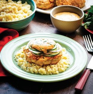 Chicken satay burger with cauliflower rice