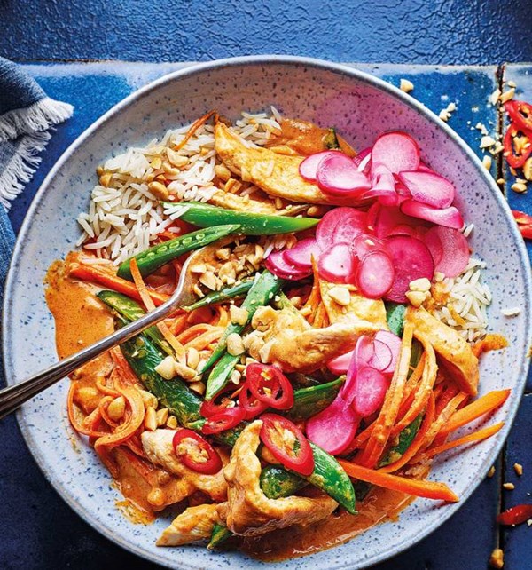 Chicken satay stir-fry with a sweet-sour radish pickle