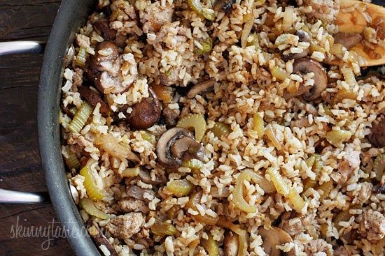 Chicken sausage brown rice stuffing with celery and mushrooms