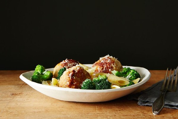 Chicken sausage meatball and broccoli pasta bowl