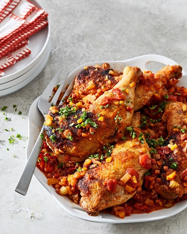 Chicken saute with tomatoes, pancetta and a kiss of vinegar