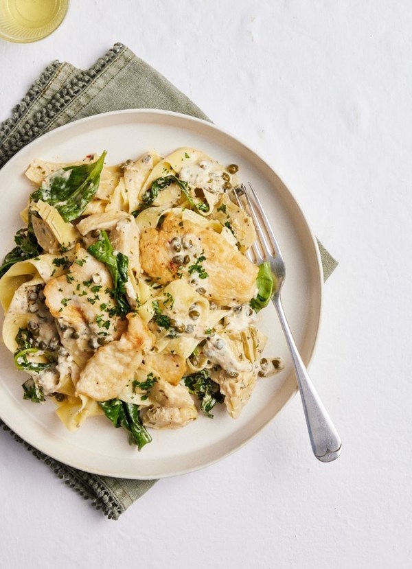 Chicken scallopine with artichokes, pappardelle and lemon crème fraîche
