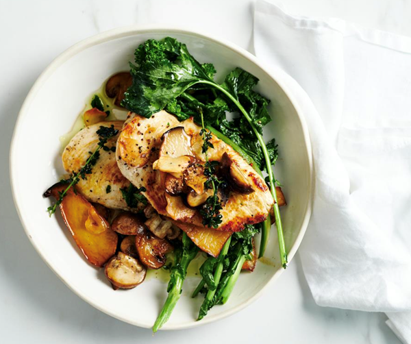 Chicken scallopini with mushrooms and broccoli rabe