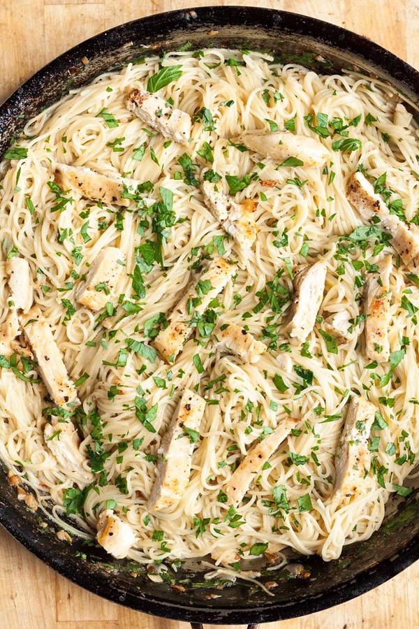 Chicken scampi with angel hair pasta