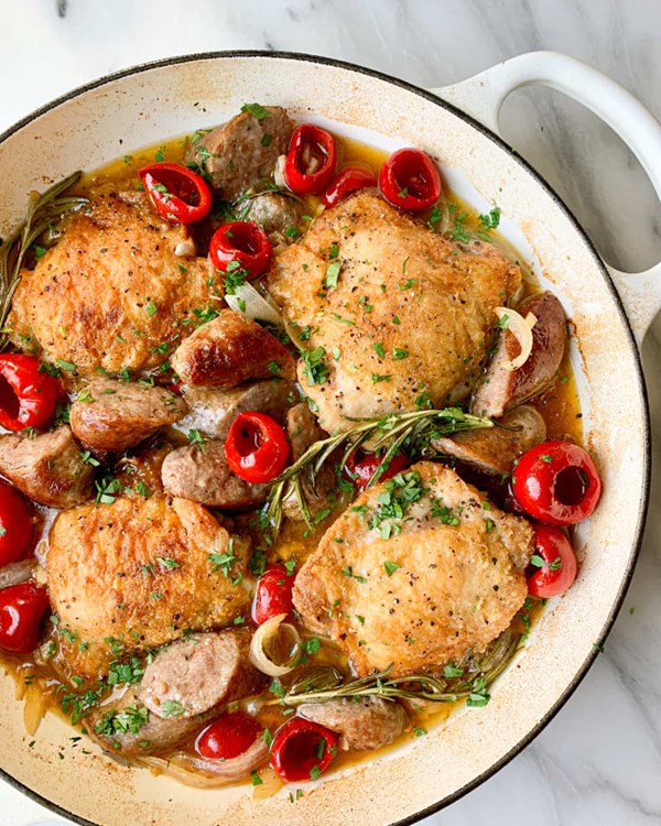 Chicken scarpariello with sausage and peppadew peppers