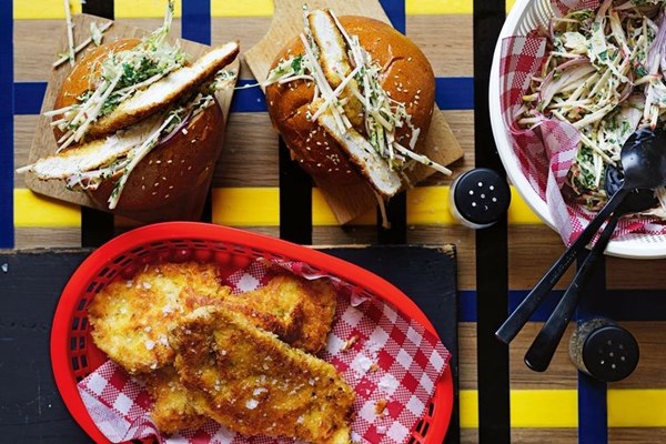 Chicken schnitty bun with cabbage & apple slaw
