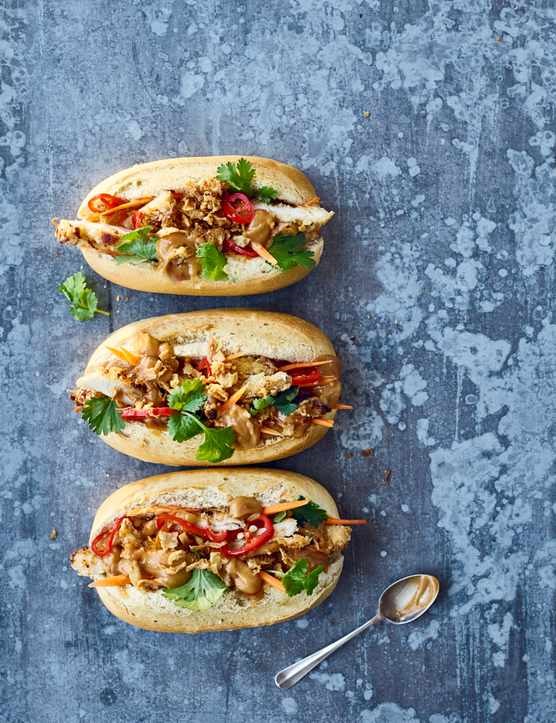 Chicken schnitzel bánh mì with satay sauce