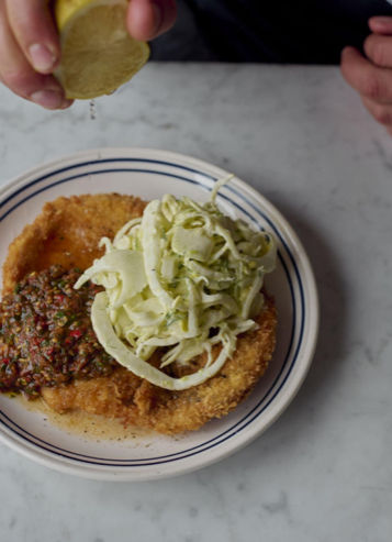 Chicken schnitzel, burnt salsa, fennel slaw