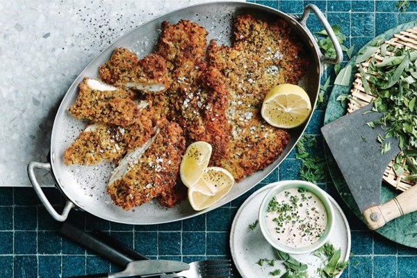 Chicken schnitzel, jalapeno, herb and mustard mayo